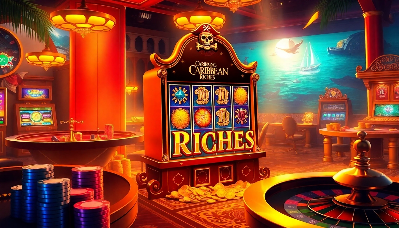 Play the exciting Caribbean Riches มือถือ slot game amidst dazzling casino visuals.