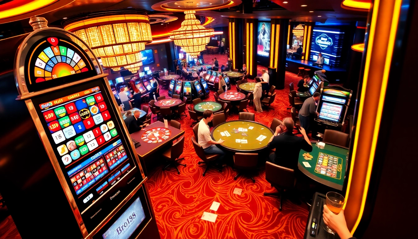 Experience the thrill at Bro138 with modern slot machines and players enjoying the vibrant casino atmosphere.