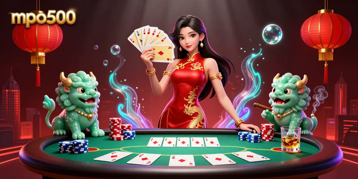 Engage in thrilling gameplay at mpo500 with a vibrant casino scene showcasing poker action.