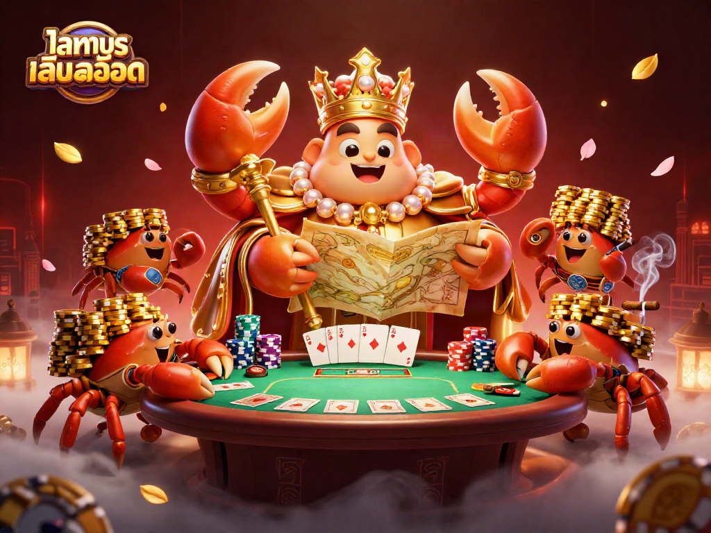 Play ทดลองเล่นสล็อต with a golden crab emperor leading the fun at a vibrant poker scene.