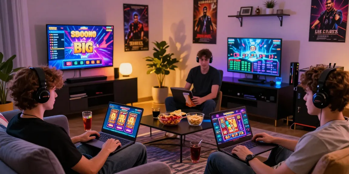 Engaging players immersed in situs slot online gaming in a cozy living room, showcasing vibrant graphics and interactive gameplay elements.