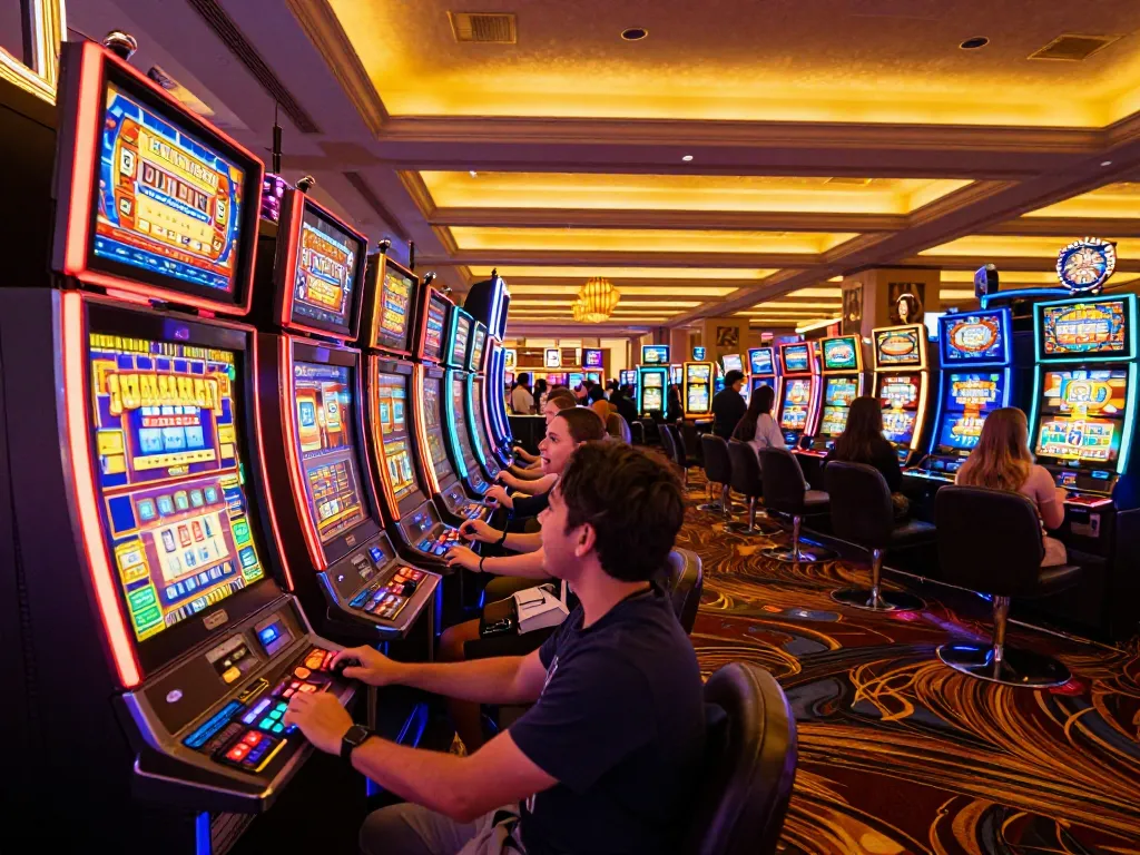 Players enjoying kerajaanslot action with bright slot machines and vibrant casino lights.