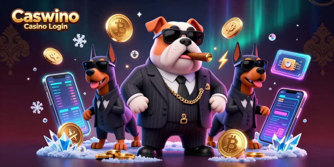 Play at Caswino Casino Login with our cartoon mafia boss and bodyguards amid Bitcoin coins.