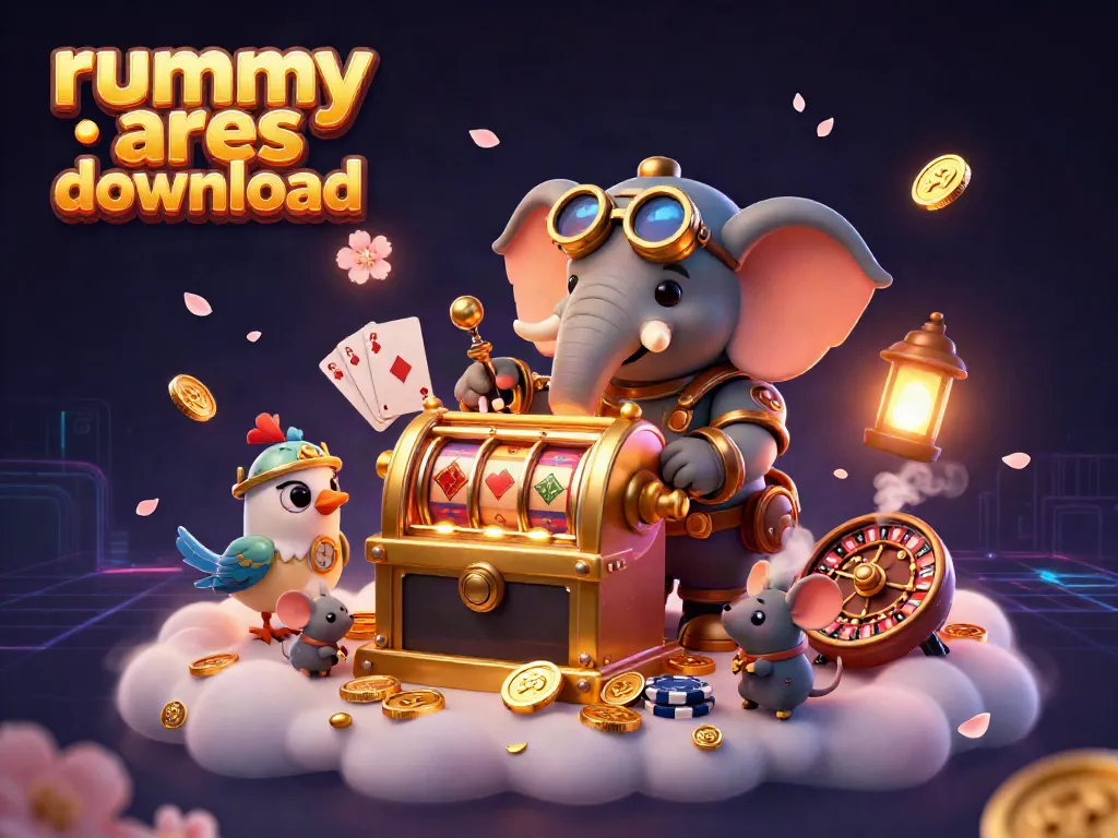Experience rummy ares download with a steampunk elephant and vibrant gaming visuals in a dynamic setting.