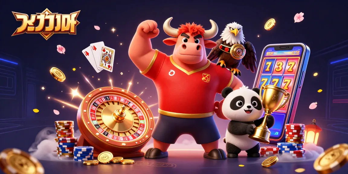 Engage in แทงบอล excitement with a bull mascot, eagle, and panda in a vibrant casino scene.
