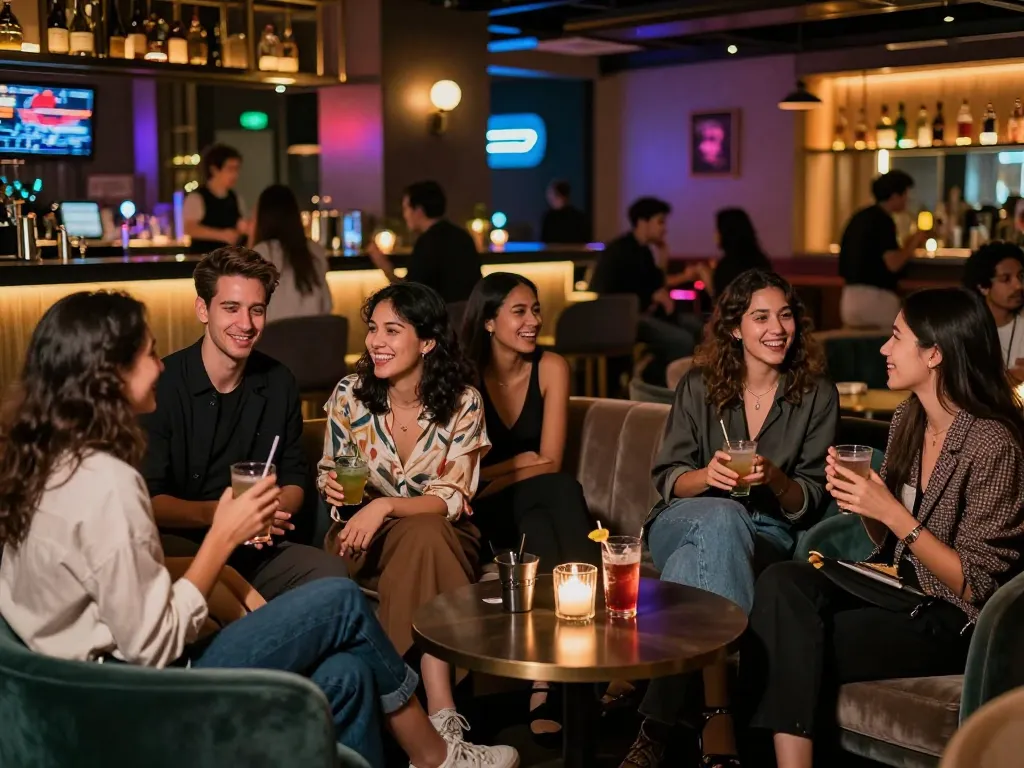 Interactive lounge scene with friends enjoying 18+ ai conversations in a vibrant urban setting