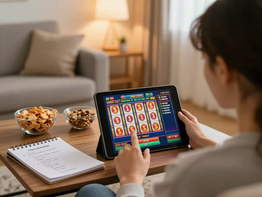 Enjoying online slot gaming with vibrant reels displayed on tablet in cozy living room.