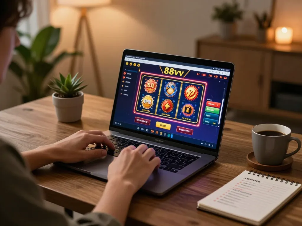 Engaging gameplay on 88vv online casino interface with cozy home office lighting.