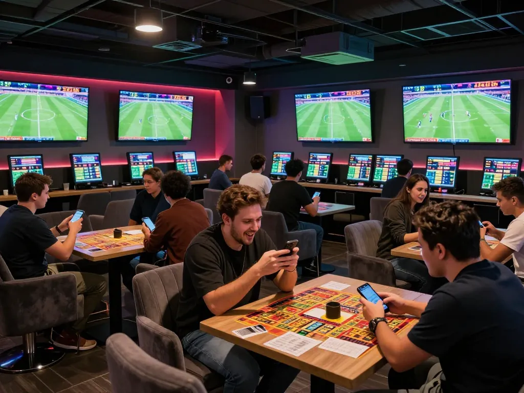 Active sports betting scene with passionate fans engaging in trang cá cược bóng đá, smartphones displaying betting odds.