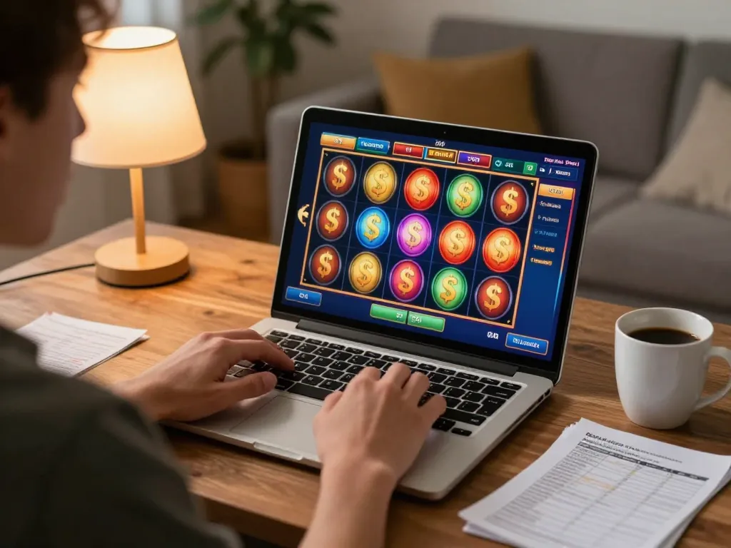 Player enjoying 23vn23's online slot games from a cozy living room, showcasing a dynamic gambling experience.