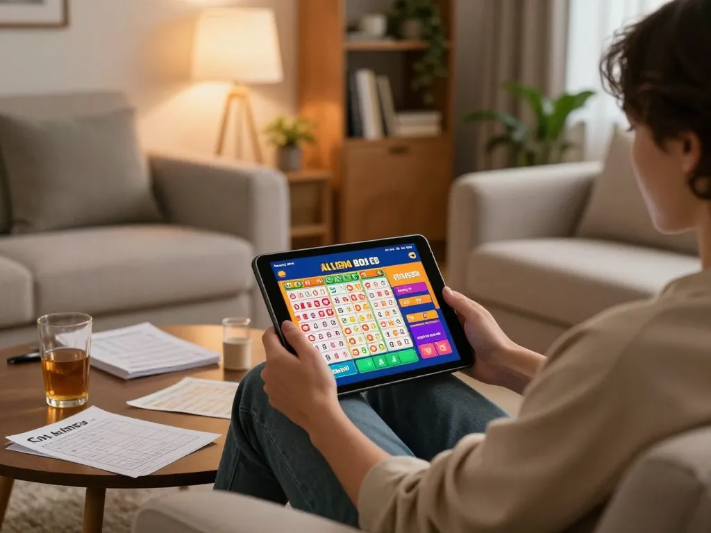 Lô đề online betting scene with a player using a tablet and strategy notes in a cozy home setting.