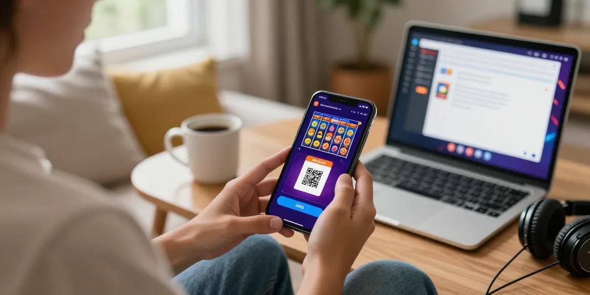 Engaging with slot7000's mobile interface showcasing vibrant slot games and QRIS deposit option in a cozy setting.