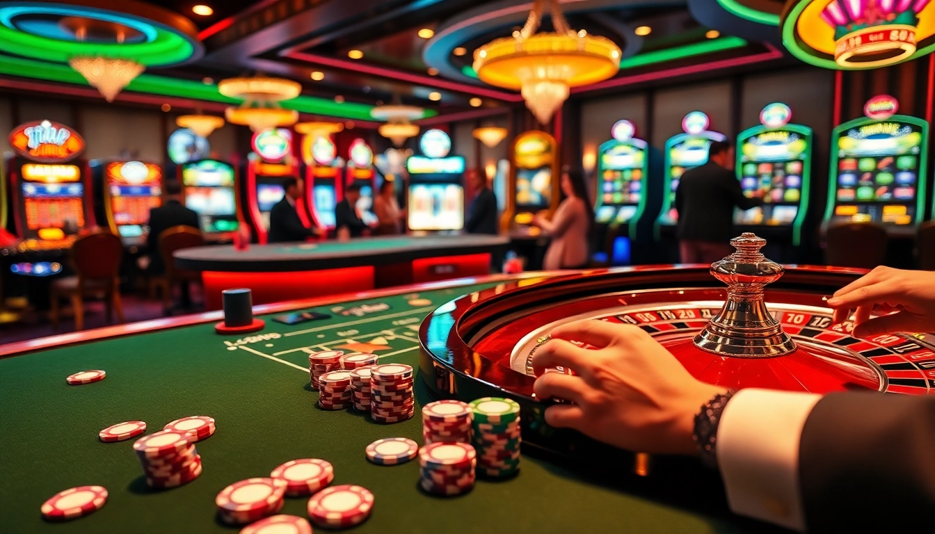 Hello88 casino scene with roulette table, excited players, and vibrant slot machines.