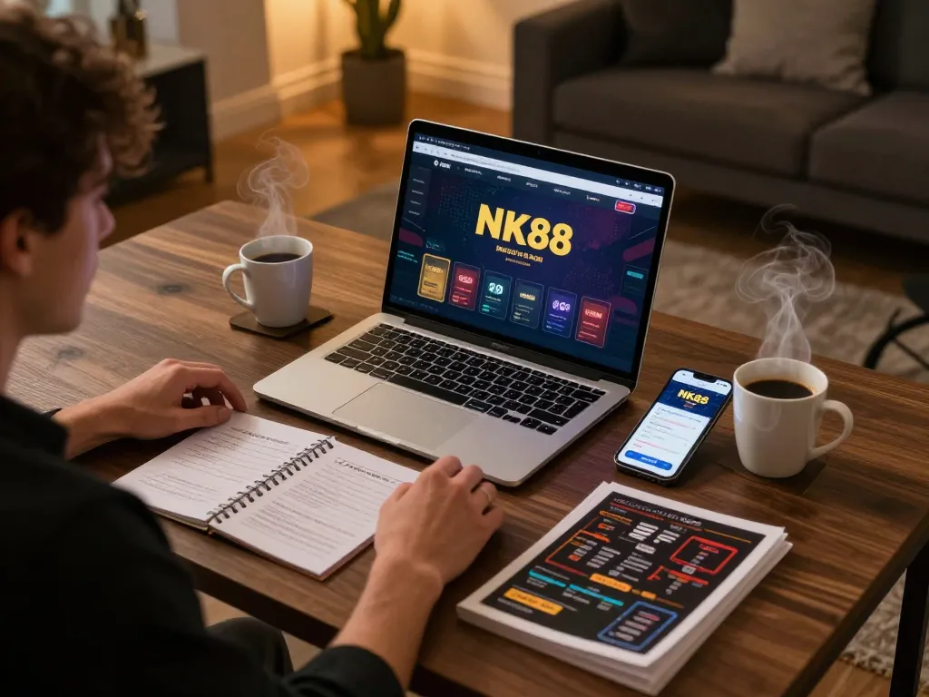Engaging gameplay on NK88's online casino platform, showcasing strategic betting and a cozy setup
