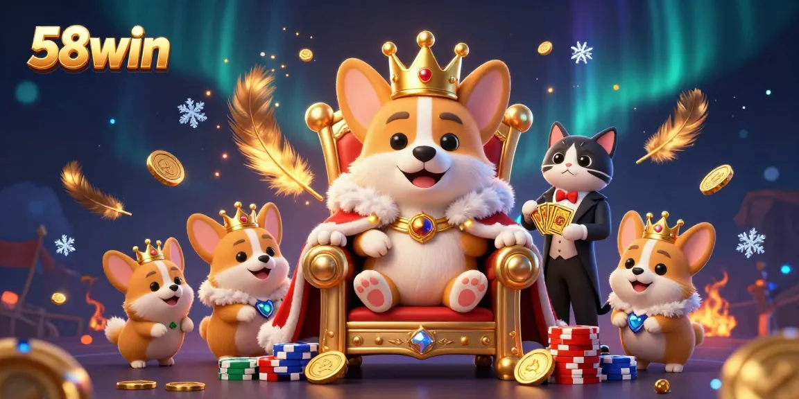 Experience thrilling gambling with 58win's vibrant 3D cartoon casino scene featuring a royal corgi.