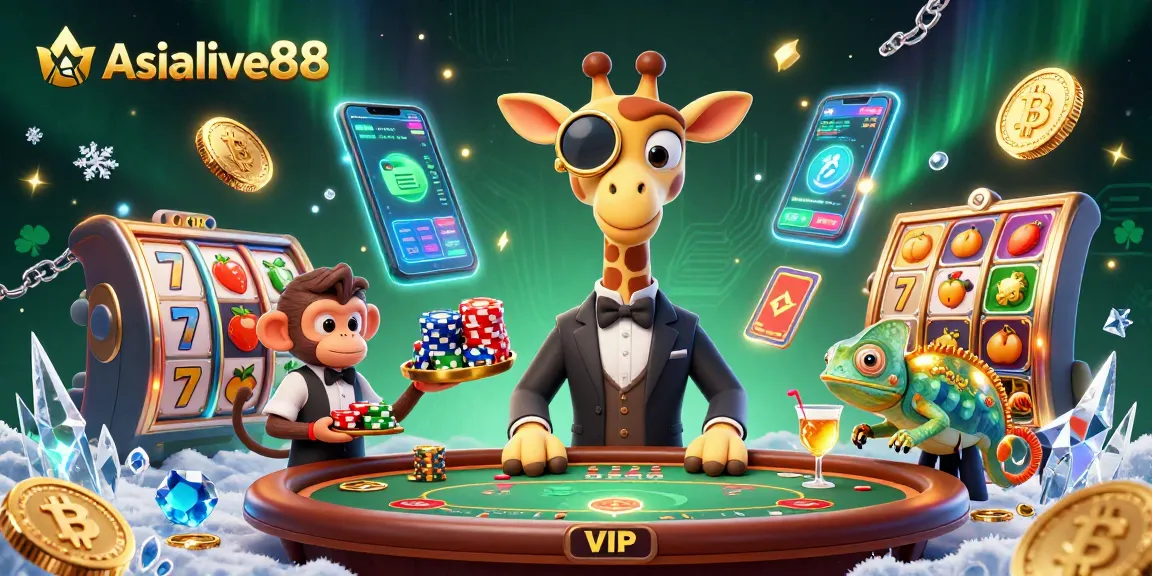 Engage with Asialive88 in a vibrant casino setting featuring a high-roller giraffe, monkey valet, and chameleon bartender.