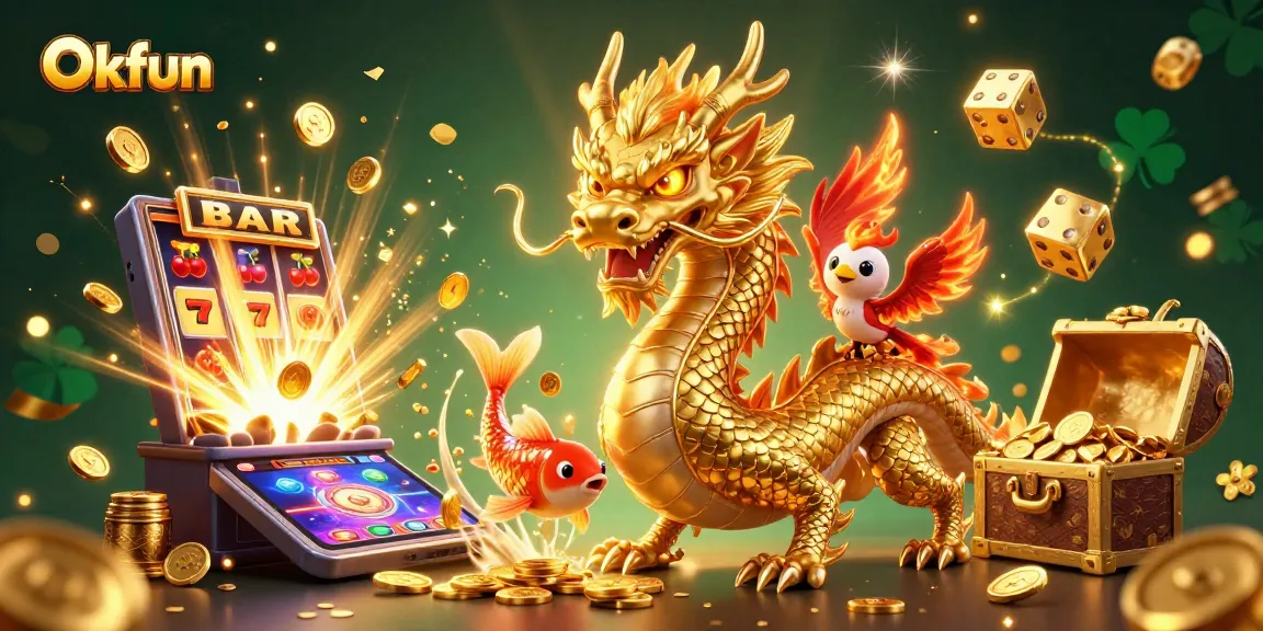 Experience thrilling wins at Okfun with vibrant graphics of a dragon, phoenix, and koi amidst rich casino elements.