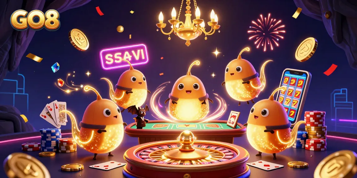 Engage in exciting games at GO8, featuring vibrant glowworms illuminating a dynamic casino scene.