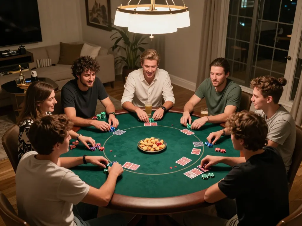 King33 players strategizing during a vibrant home poker game with chips and cards visible