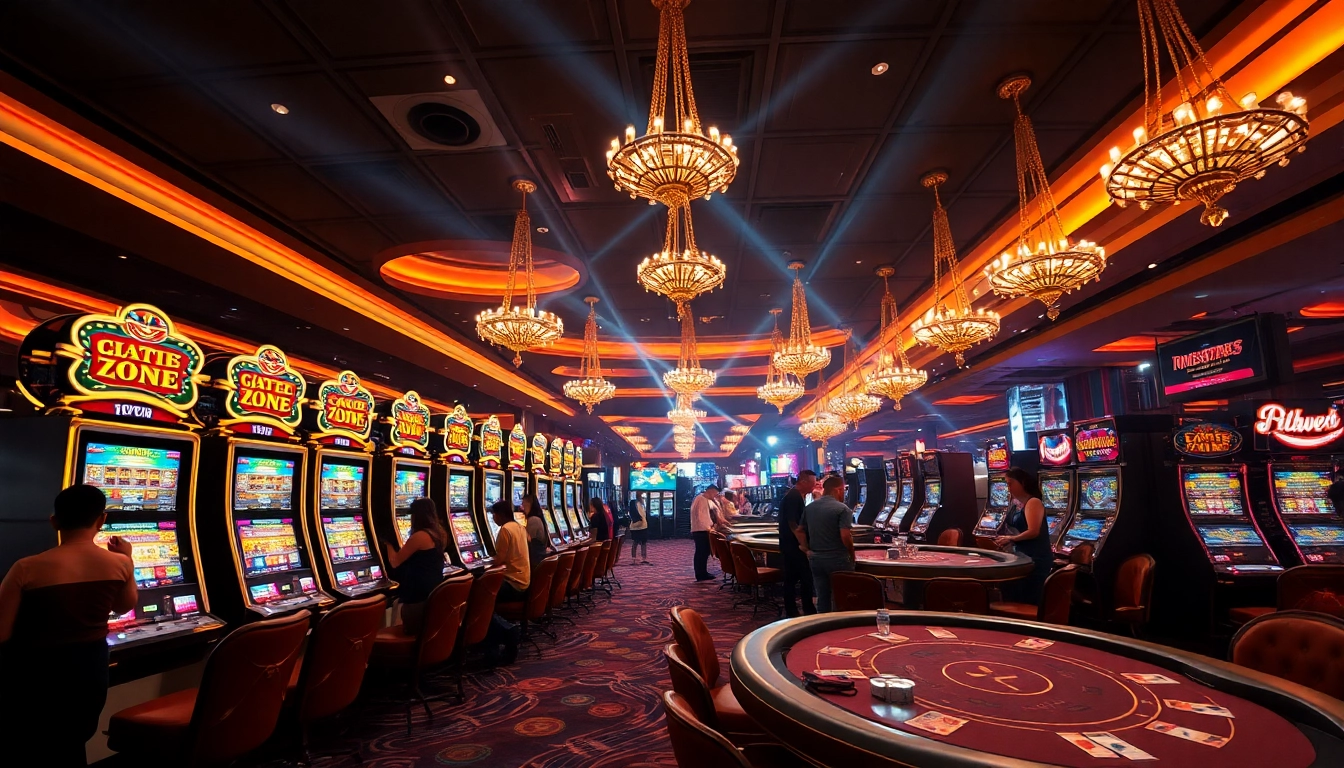 Experience the thrill of winstrike69 slots with players engaged in high-stakes games in a vibrant casino.