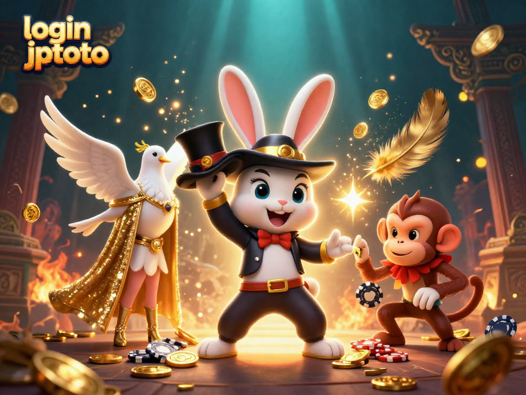 Experience the thrill of login jptoto with rabbit magician and gold coins in a dynamic casino scene.