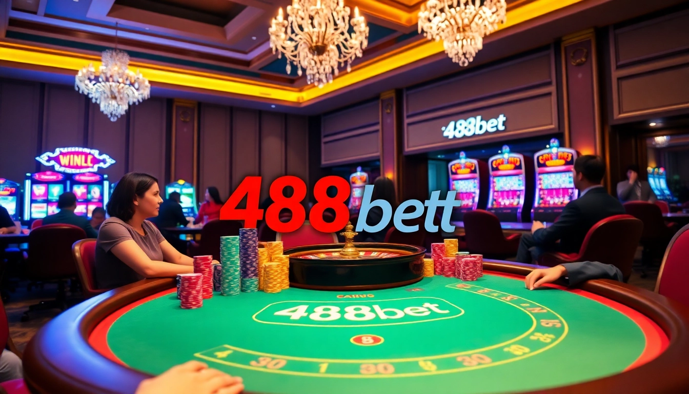 Vive la emoción del juego en 488bet con mesas de póker vibrantes y una atmósfera de casino lujosa.