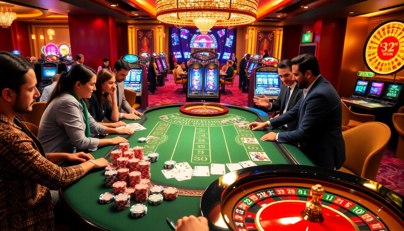 Gamblers enjoying an electrifying atmosphere at the luxury casino 32WIN, featuring vibrant tables and exciting games.