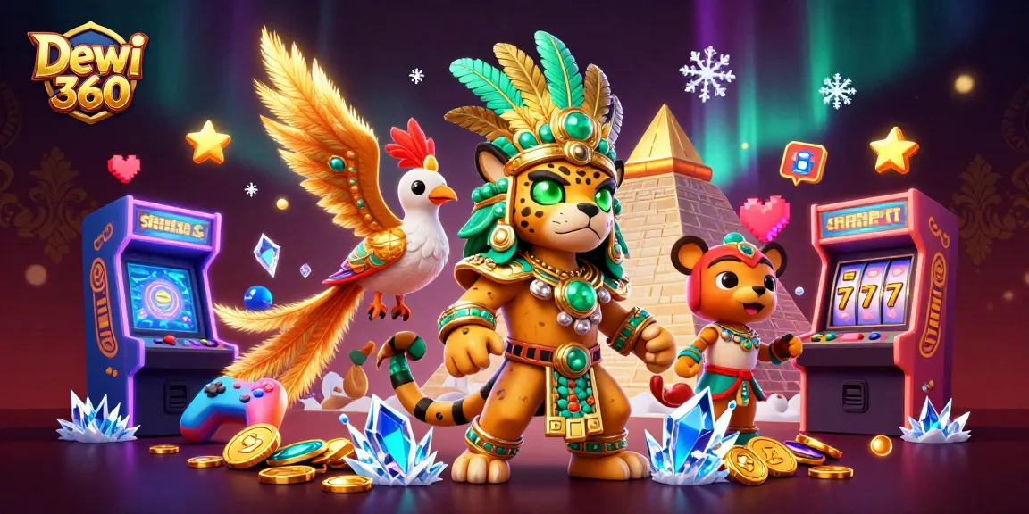 Permainan slot seru di Dewi 360 dengan simbol berkilau dan karakter menarik dalam ilustrasi 3D