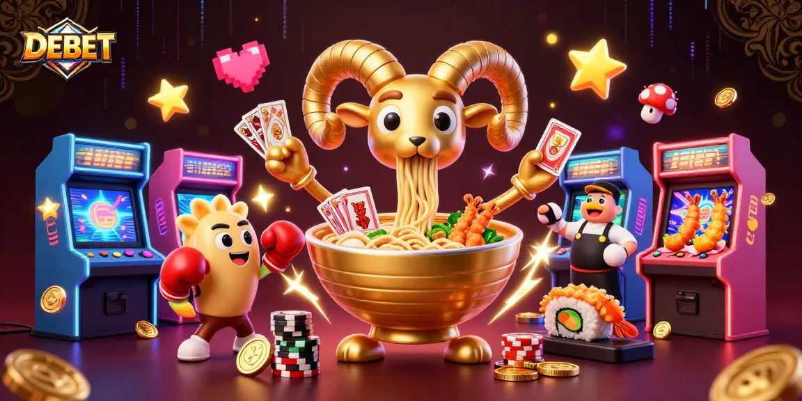 Join DEBET's thrilling cartoon casino with vibrant characters like the ramen bowl dealer and a sushi roll!