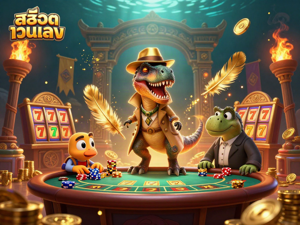 Engage with สล็อตเว็บตรง through a vibrant 3D scene featuring animated dinosaurs at a blackjack table.