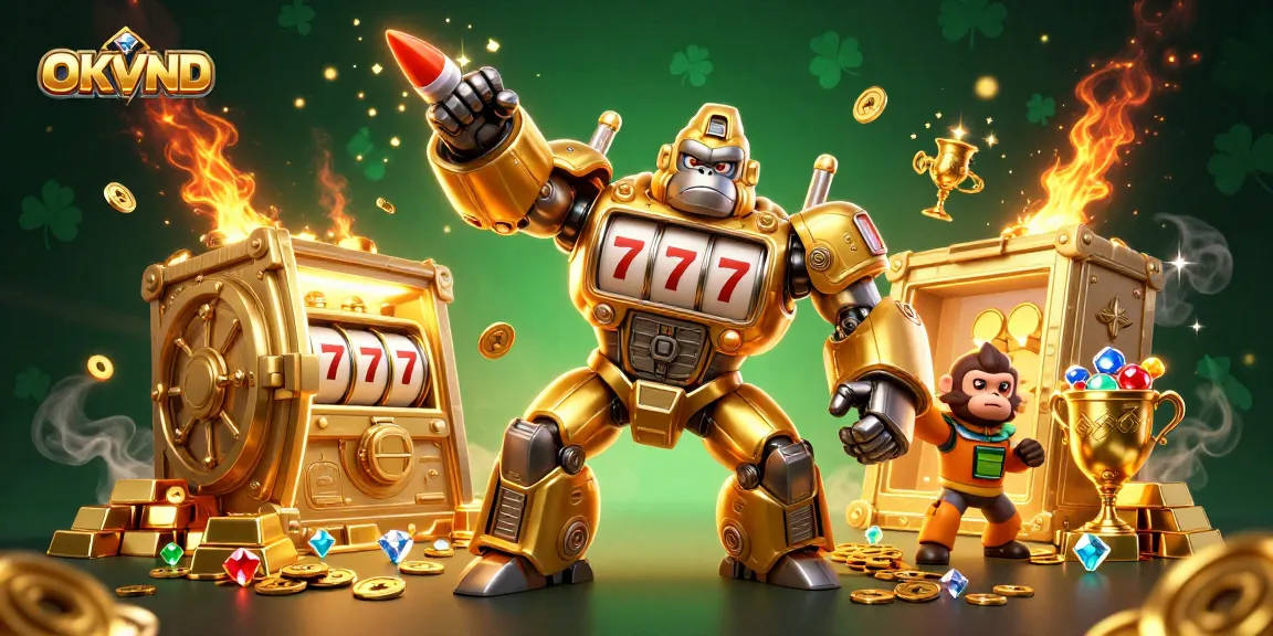 Engage with OKVND's immersive 3D casino world featuring a golden gorilla mech and jackpots.