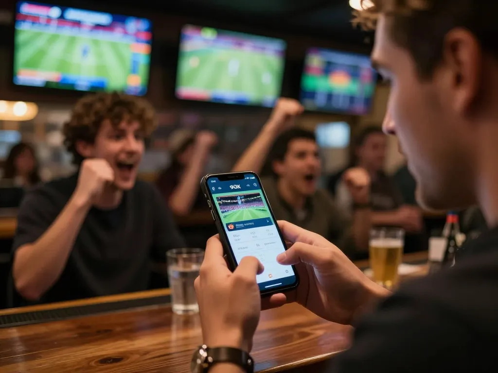 Engaged bettors using the 99OK app at a vibrant sports bar, capturing the excitement of live sports betting.