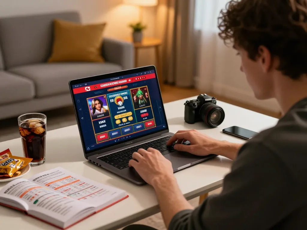 Engaged player exploring Canadian online casinos on laptop at home, reflecting strategic gameplay.