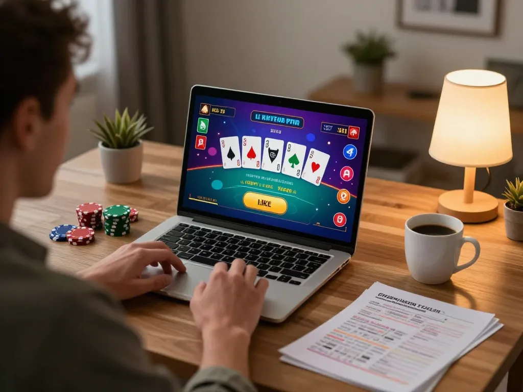 Player enjoying live dealer blackjack at home with luck88com, showcasing a cozy gaming setup.
