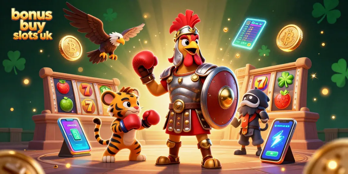 Experience excitement with bonus buy slots uk in this vivid 3D casino illustration featuring dynamic characters and slot elements.