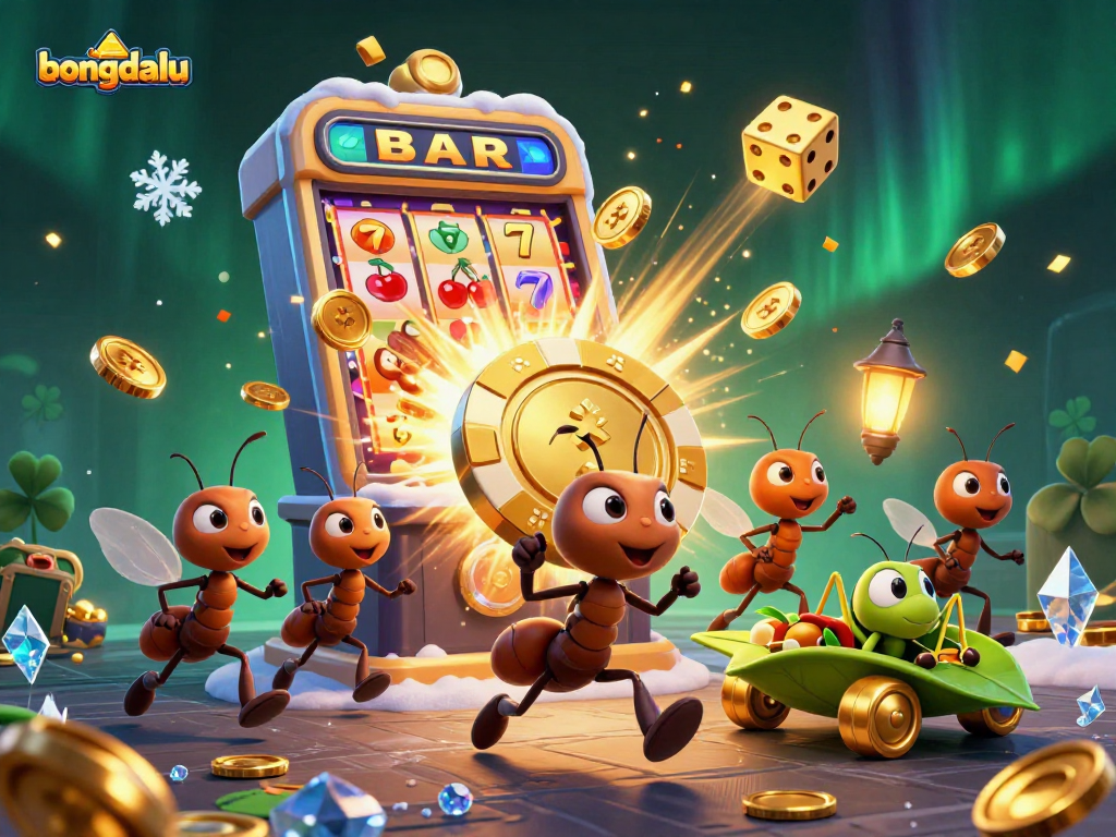 Ants carrying a giant poker chip in a vibrant scene representing bongdalu casino adventures.
