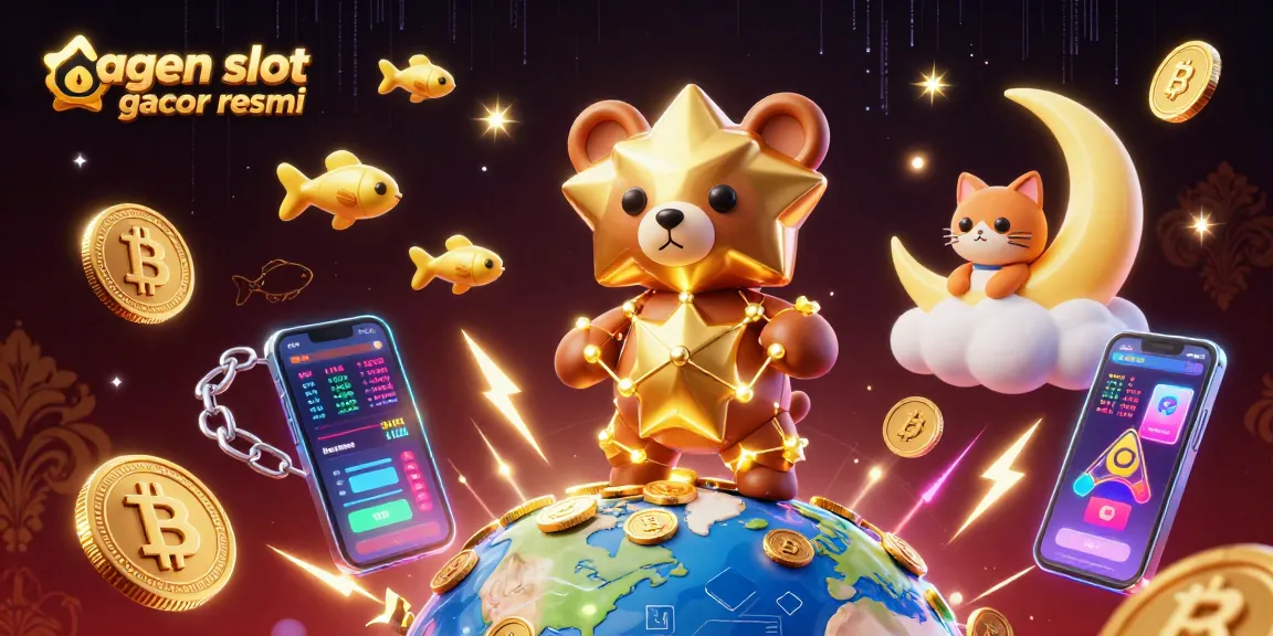 Engage with agen slot gacor resmi as a golden star bear scoops coins amidst Ethereum and Bitcoin elements.