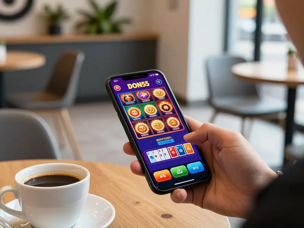 Player enjoying the Done55 game on a smartphone in a cozy café setting, showcasing mobile gaming excitement.