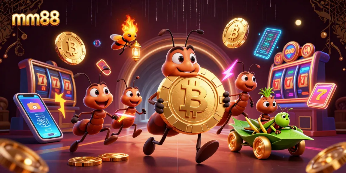 Experience mm88’s vibrant casino heist with ants, crypto coins, and dynamic gambling scenes!