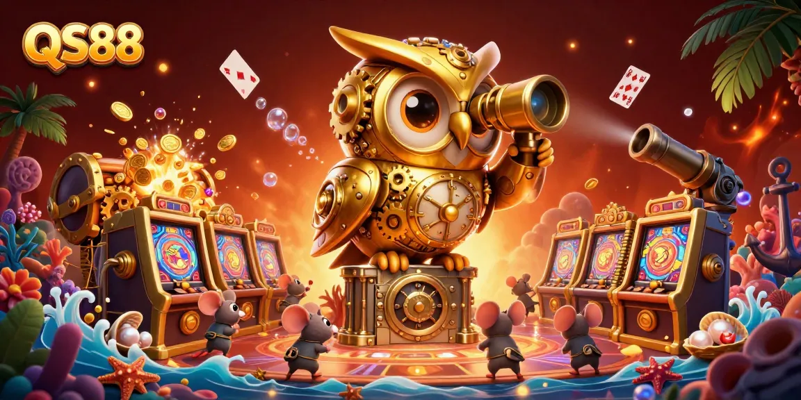 Experience exciting gameplay action at QS88, featuring a vibrant 3D illustration of casino elements and playful characters.