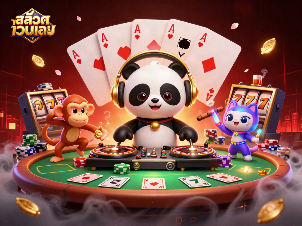 Engage with สล็อตเว็บตรง in a vibrant 3D illustration featuring a DJ panda, breakdancing monkey, and rave kitten.