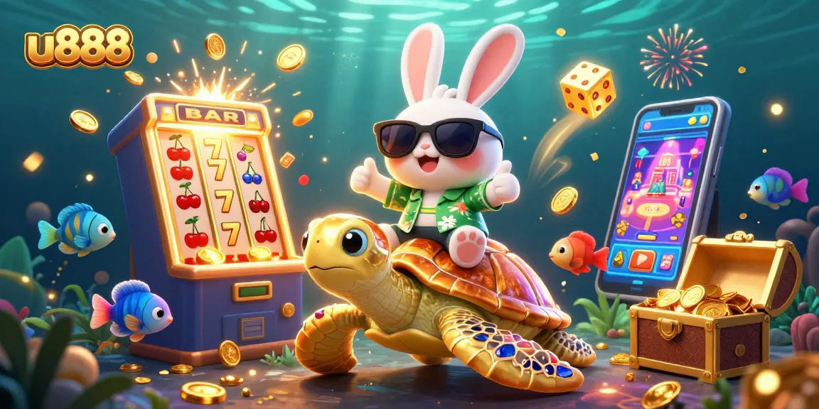 Experience the excitement of u888 with a lucky rabbit and golden sea turtle in a vibrant casino scene.
