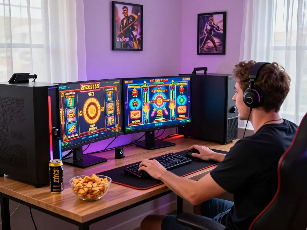 Player enjoying Zeus138 online slots in a vibrant gaming setup, highlighting excitement and dynamic atmosphere.