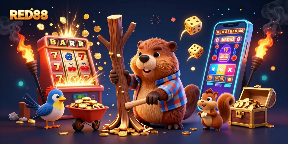 Engage with an exciting gambling scene featuring RED88, showcasing a joyful lumberjack beaver amidst a jackpot explosion.