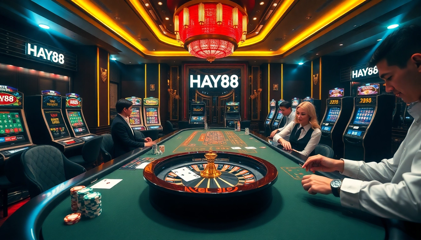 Experience thrilling gameplay at HAY88’s luxurious casino table with vibrant poker chips and slot machines.