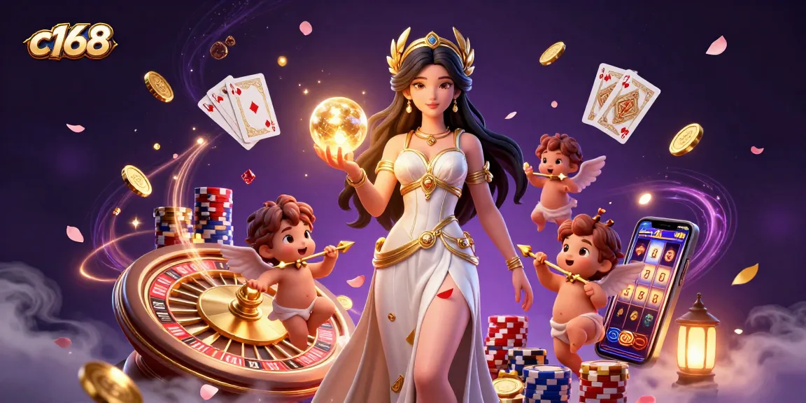 Engage in the thrilling casino experience with c168's stunning Grecian goddess illustration surrounded by golden game elements.