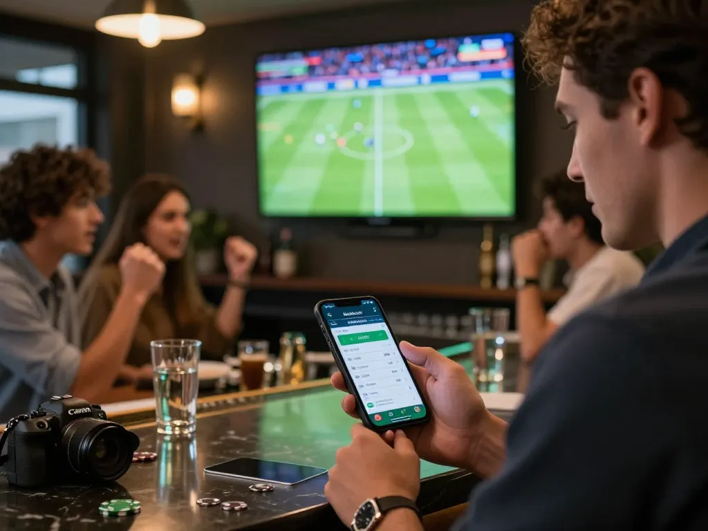 Betting enthusiast viewing keonhacai app for live sports odds at a stylish bar.