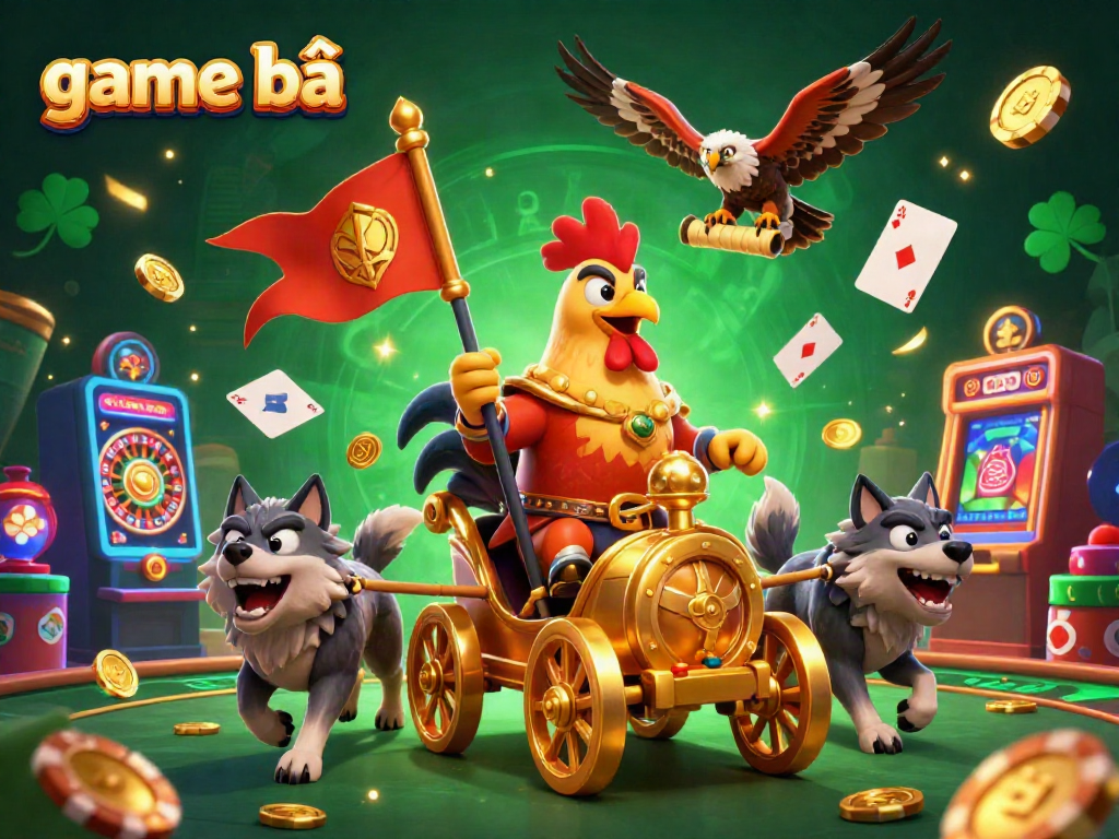 Engage in the exciting game bài experience with a cartoon rooster warlord in a dynamic casino scene.
