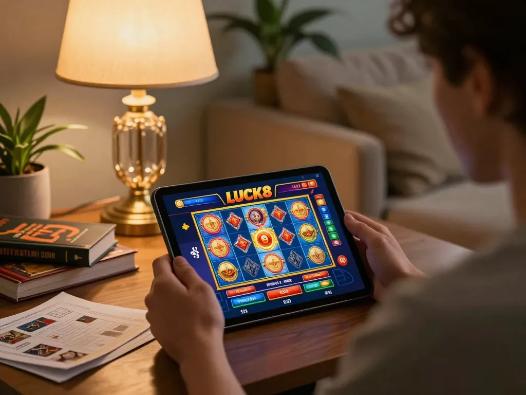 Người chơi LUCK8 tương tác với ứng dụng casino trên máy tính bảng, nổi bật với những trò chơi slot đầy màu sắc trong một môi trường ấm cúng tại nhà.