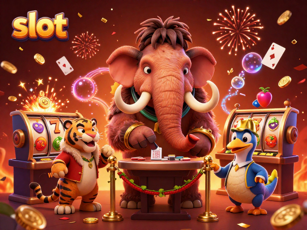 Engaging slot game scene with a woolly mammoth bouncer, spinning slot reels, and a saber-tooth tiger guest.